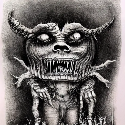 Image similar to lemure demon detailed micron drawing illustrated by stephen gammell, maurice sendak, graham ingels