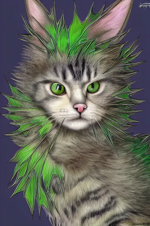 Image similar to a cat thistle hybrid, highly detailed, digital art, sharp focus, trending on art station, plant, anime art style