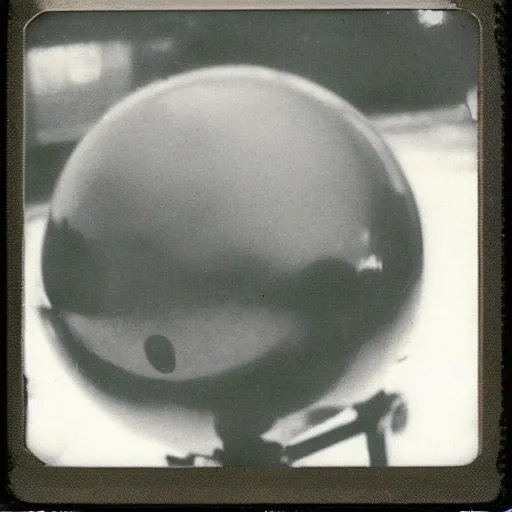 Image similar to old polaroid depicting a small spheric metallic alien probe, hovering at a clearing