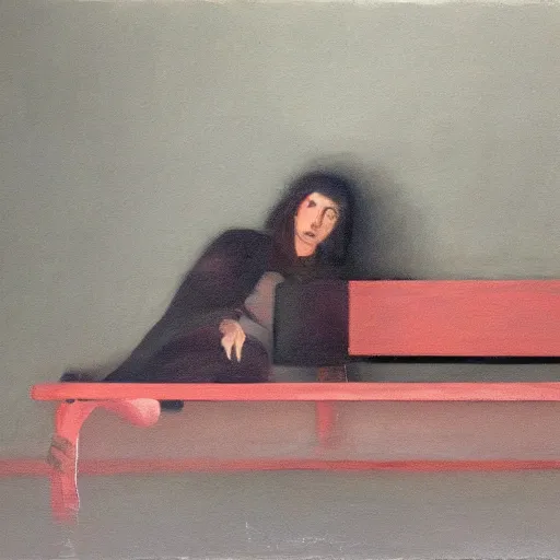 Image similar to a painting of a person sitting on a bench, a photorealistic painting by richard hamilton, behance contest winner, american scene painting, matte drawing, dystopian art, oil on canvas