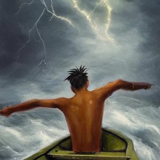 Prompt: beautiful painting by a fourteen year old boy with and enormous mechanical wing strapped to his back, standing on the back of a boat in a storm, his arms spread. ready to fly, icarus, winged boy, young teen, rain, clouds, waves, splash,