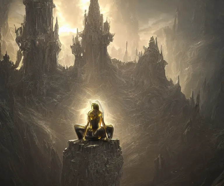 Prompt: translucent glowing cyborg sitting on a metal throne, futuristic castle as background, fantasy sci - fi, highly detailed, metallic, 2 0 0 mm focus