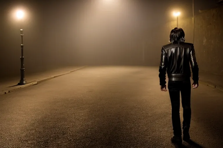 Image similar to movie shot of young man from back pacing lowering head dressed in short leather bomber jacket to empty narrow alley with street lamps in park with pines to the horizon, with hands in pockets, snowfall at night, mullet long haircut, black hairs, cinematic, dramatic, detailed, realistic, movie shot, low greenish lighting