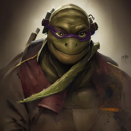 Image similar to portrait painting of our it guy, teenage mutant ninja turtle donatello, painted by greg rutkowski, dishonored 2