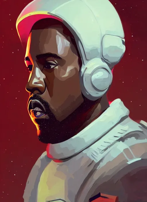 Image similar to pinted portrait of kanye west as an astronaut by greg rutkowski, he is about 3 0 years old, short blond hair, athletic and strong, straight jaw, wearing futuristic space gear, highly detailed portrait, digital painting, artstation, concept art, smooth, sharp foccus ilustration, artstation hq.