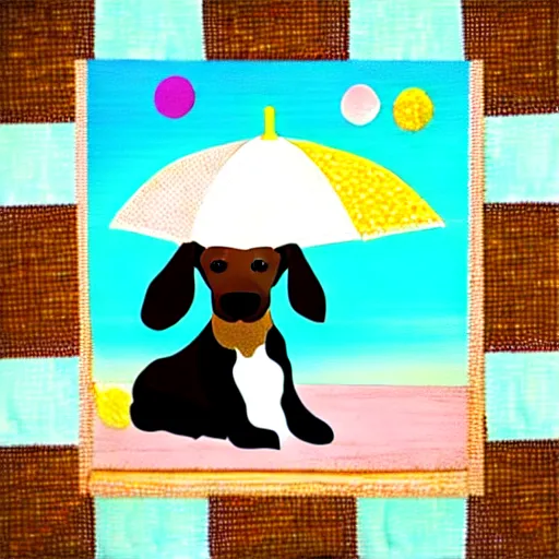 Image similar to cute brown spaniel by the seaside, parasols, bright towels, geometric, pop, sketch, artwork