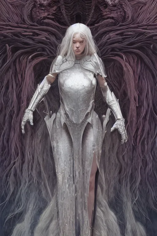 Image similar to the white lady in armor with long hairs, art by James Jean and Wayne Barlowe, high detail, cinematic, cgsociety 8k