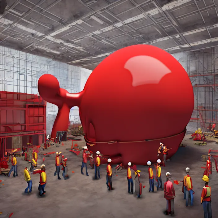 Image similar to crew of workers in red overalls building giant mickey mouse head in small workshop, octane render, 4 k ultra hd, hyper - detailed, realistic, low lighting, sharp focus, in style of beeple