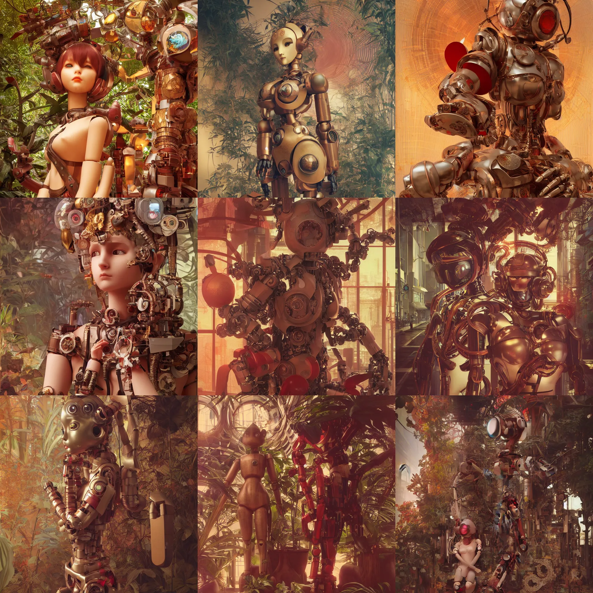 Prompt: 3 d octane render, ultra photorealistic, 8 k hyper detailed, a very very cute wooden statue robot of the anthropology, cat ears, cyberpunk, jungle, red sun cgsociety, in a contemporary art gallery, in neo tokyo, artwork by alphonse mucha