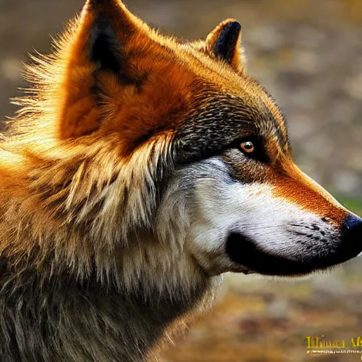 Prompt: professional digital art of a side profile of a tibetan wolf, tan and brown fur, fluffy, autumn, hd, 8 k, highly detailed, high quality, cute