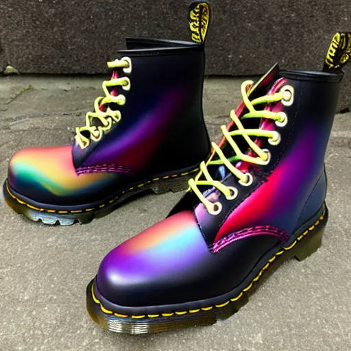 Prompt: a battered old pair of Dr martens boots with rainbow laces