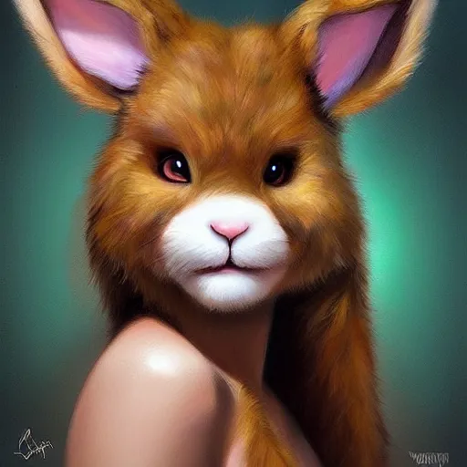 Prompt: cute furry bunny, green eyes, light brown fur, wlop, artgerm, royo