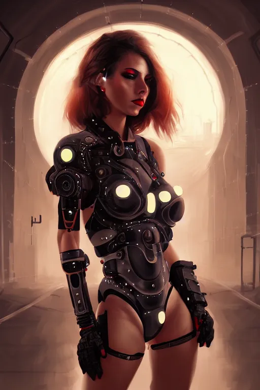 Prompt: artistic portrait of a cyborg female warrior, wearing illuminated lingerie, perfect fit body, beautiful eyes and lips, industrial setting, city lights, art by artgerm and wlop and brom, highly detailed, 8 k, cinematic, digital painting, sharp focus, illustration, masterpiece