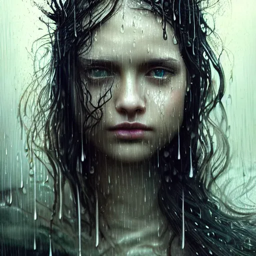 Image similar to portrait of a girl in the rain with wet hair and face, fantasy, intricate, elegant, dramatic lighting, emotionally evoking symbolic metaphor, highly detailed, lifelike, photorealistic, digital painting, artstation, concept art, smooth, sharp focus, illustration, art by John Collier and Albert Aublet and Krenz Cushart and Artem Demura and Alphonse Mucha