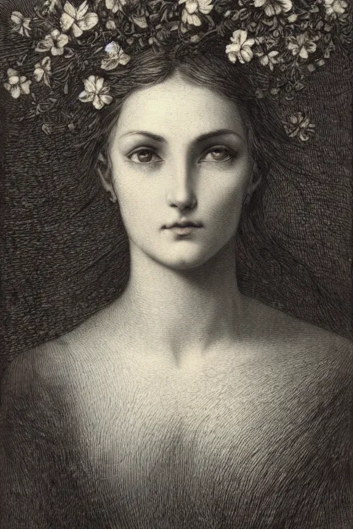 Image similar to extreme close-up portrait of a beautiful french woman with broad cheekbones with flower in the head, forest background, Gustave Dore lithography