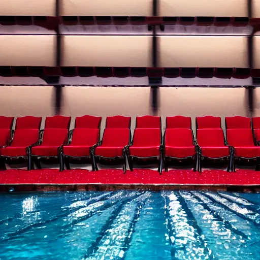 Prompt: a opera scenography of a mountain of old chairs over a pool of red water.