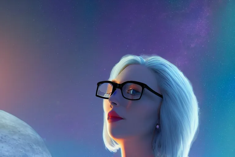 Prompt: a blonde lady with glasses on the moon, astral, synthwave, realism, 8 k