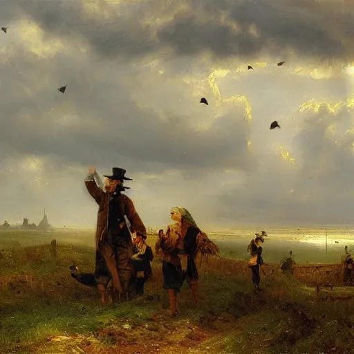 Image similar to scarecrow parade, landscape, romanticism by andreas achenbach