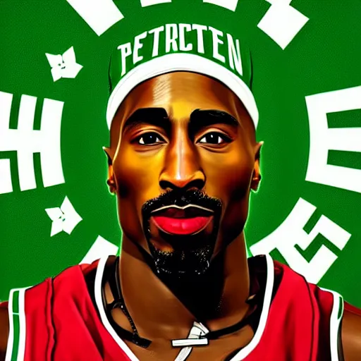 Image similar to portrait of tupac shakur, boston celtics jersey number 3 4, green, white, cartoon digital art, oil on canvas, trending on artstation, octane render