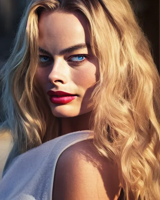 Image similar to Beautiful Head and shoulders portrait of confident flirty margot robbie with straight long blonde hair, by Zoë Mozert , alberto Vargas, arney freytag, artstation, 35mm, fashion photoshoot, posing in an urban street, fashion pose, octane, 4k