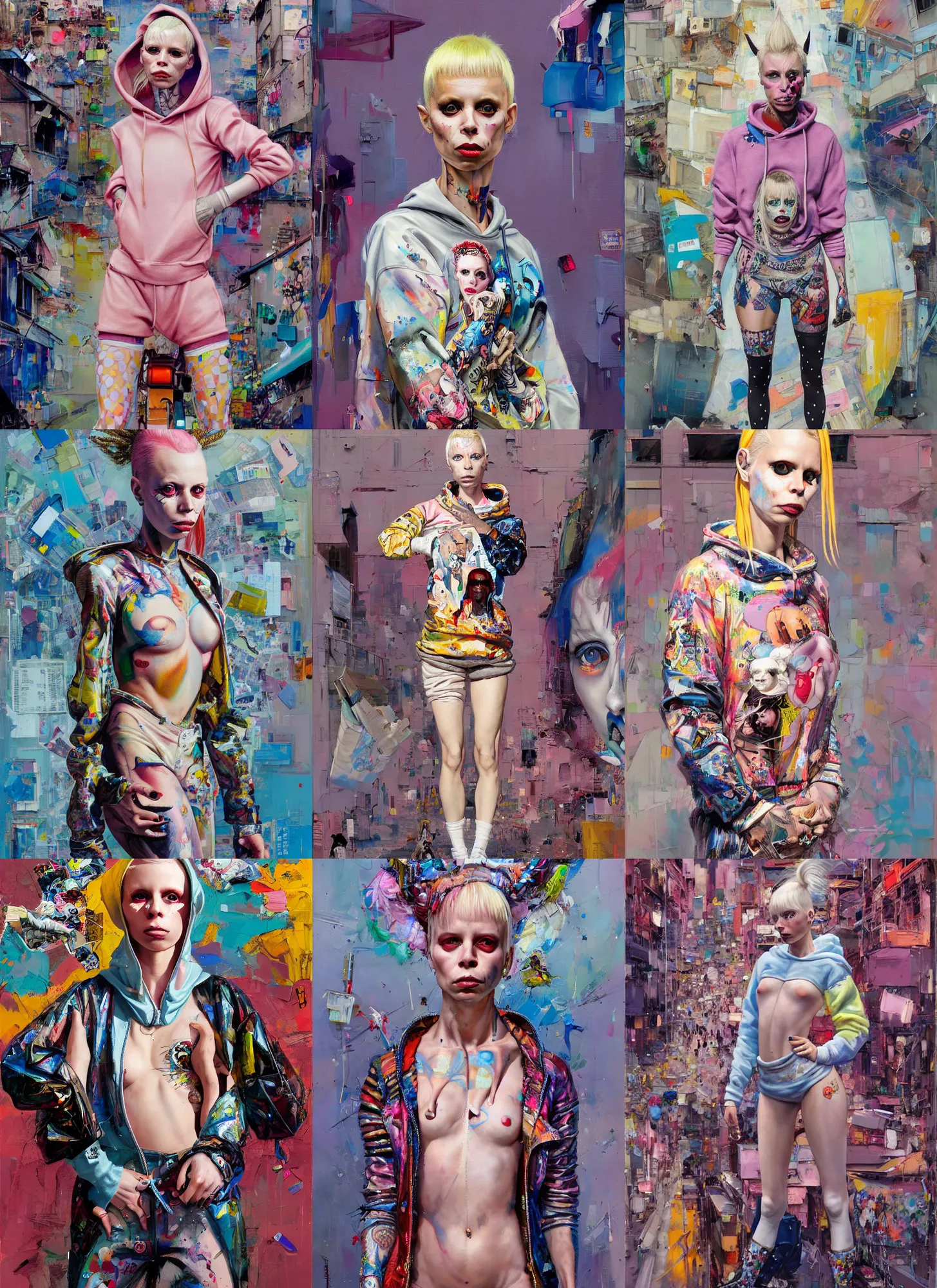 Prompt: yolandi visser in the style of martine johanna and donato giancola, wearing a hoodie, standing in a township street, street fashion outfit,!! haute couture!!, full figure painting by john berkey, david choe, ismail inceoglu, pastel color palette, detailed impasto, 2 4 mm lens