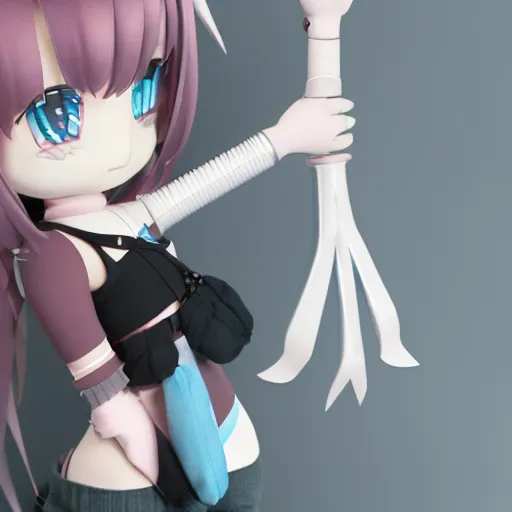 Prompt: cute fumo plush of a girl with a mechanical arm, anime girl, vray