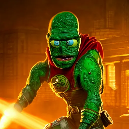 Image similar to pickle rick as superman! in gears of war, splash art, movie still, detailed face, photorealistic facial features, cinematic lighting, dramatic, octane render, long lens, shallow depth of field, bokeh, anamorphic lens flare, 8 k, hyper detailed, 3 5 mm film grain