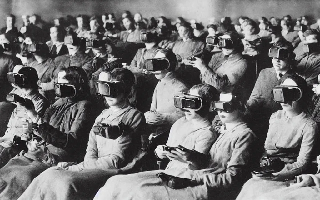 Image similar to 1 9 0 0 s photo of people using iphones ipods virtual reality headsets vr watching hd tv in a movie theater