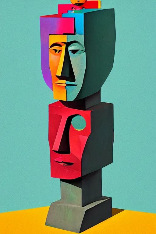 Image similar to cubist moai statue cutout digital illustration cartoon colorful beeple