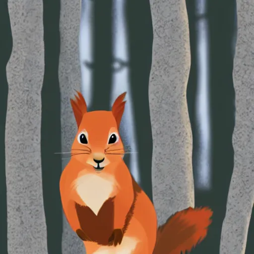 Prompt: Image of a smug red squirrel with arms crossed, standing in a winter forest, in front of a large pile of burning cellphones and laptops, digital art