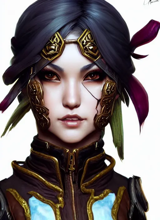 Image similar to rogue, fantasy ornate leather bandit outfit!!! close - up portrait beautiful and athletic short hair female!! gorgeous face and eyes!! character concept art, sharp focus, octane render! unreal engine 5! highly rendered!! trending on artstation!! detailed linework!! illustration by artgerm, wlop, and chie yoshii