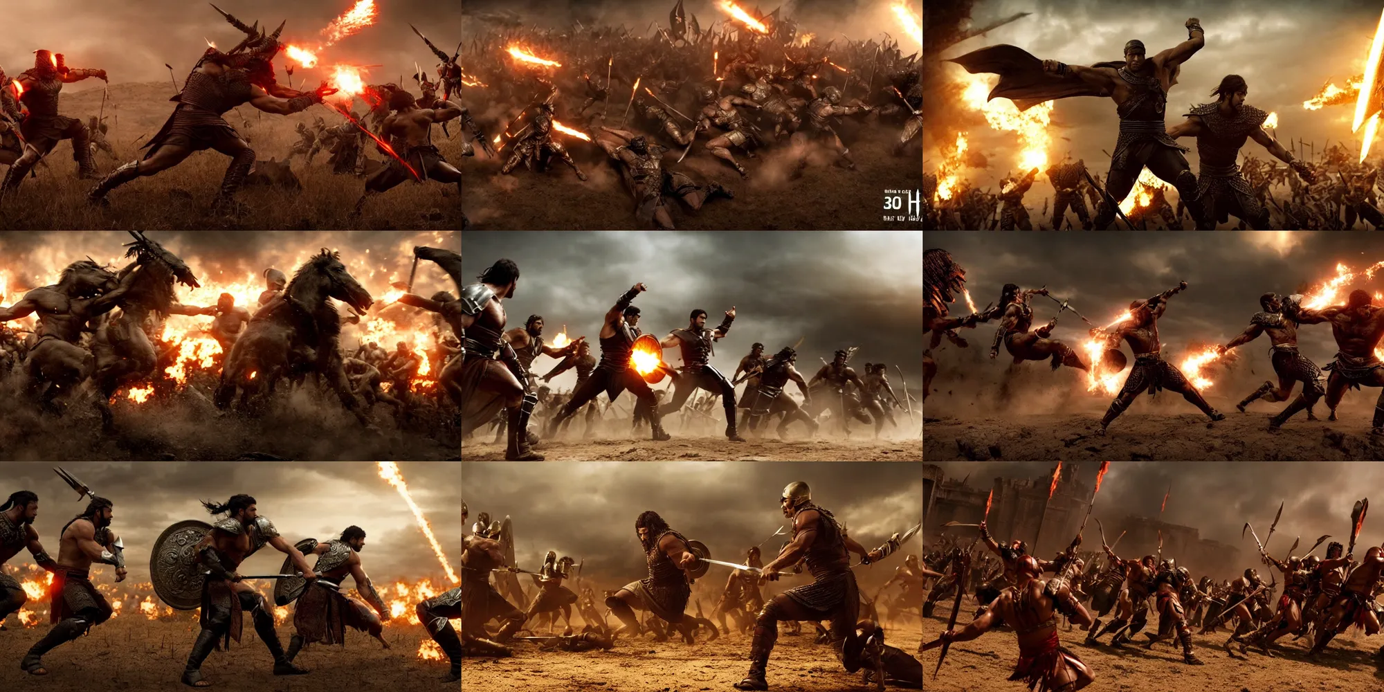 Image similar to epic battle screen of hero, film still from the movie'3 0 0'( 2 0 0 6 ), 3 d, 8 k realistic, cryengine, playstion 5 screen, cinematic lighting