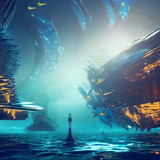 Prompt: city under the deep ocean, golden hour, fish swimming past, fantasy, hyper detailed, futuristic, technology, cinematic atmosphere, arnold render, trending on artstation, cgsociety