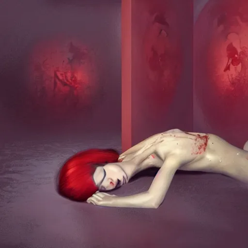 Prompt: Kiko Mizuhara full body laying in a blood red pool of water between a golden mirror frame, outside is space and inside the mirror frame is a beautiful landscape., physically accurate, dynamic lighting, intricate, elegant, highly detailed, digital painting, artstation, HR GIGER, Hieronymus Bosch, Francis Bacon, concept art, smooth, sharp focus, illustration, art by artgerm and greg rutkowski and alphonse mucha