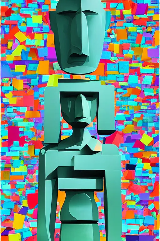 Image similar to cubist moai statue cutout digital illustration cartoon colorful beeple