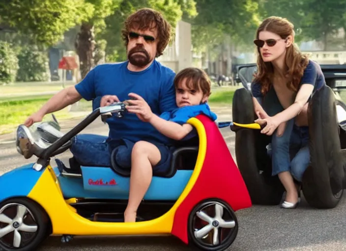 Prompt: peter dinklage and alexandra daddario driving a little tikes cozy coupe, movie still, from the new fast and furious tokyo drift movie, 8 k, realistic