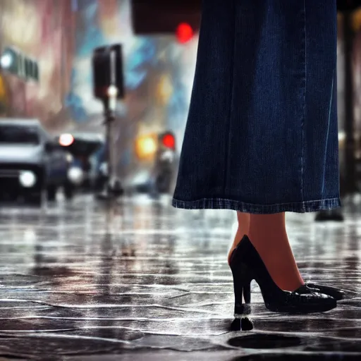 Prompt: close up of a womans high-heel shoe stepping into a shallow rain puddle on a busy crosswalk, by Leonid Afremov, matte painting, hyperrealism