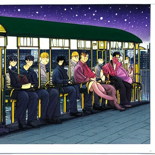 Prompt: some people waiting in bus stop in dark city night, detailed, high quality, high resolution, by rumiko takahashi