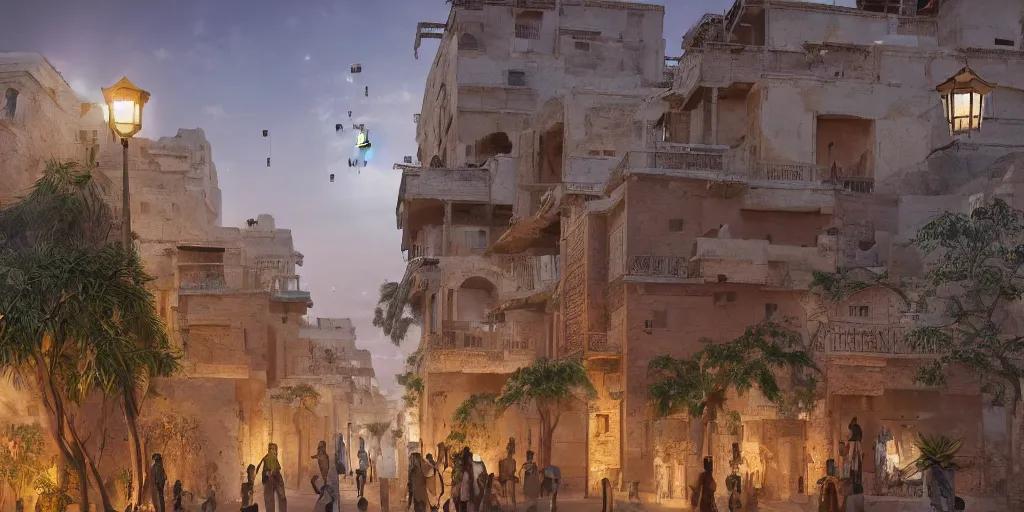 Image similar to painting of an old african city with a mix of traditional african and egyptian architecture, tiny glowing lights hovering between houses, people flying in the skies above, people talking in the streets and greenery growing between the buildings, photoreal, trending on artstation