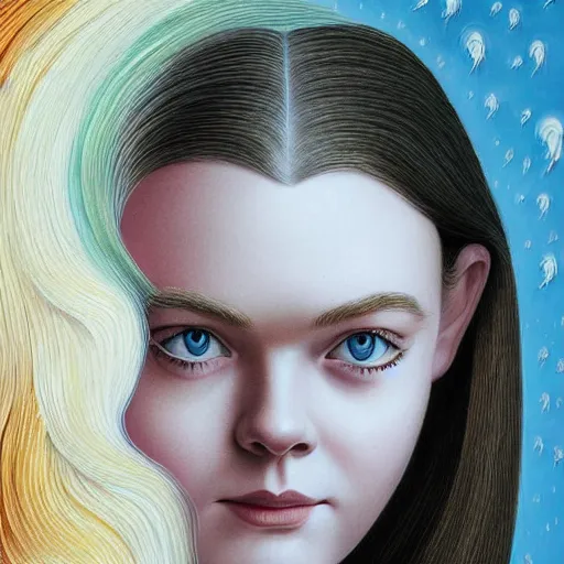 Image similar to professional painting of Elle Fanning in the style of Octavio Ocampo, head and shoulders portrait, symmetrical facial features, smooth, sharp focus, illustration, intricate, stormy weather, extremely detailed masterpiece,