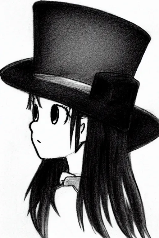 Image similar to cute loli in a tall black top hat, face profile, pencil sketch, gray scale, anime style