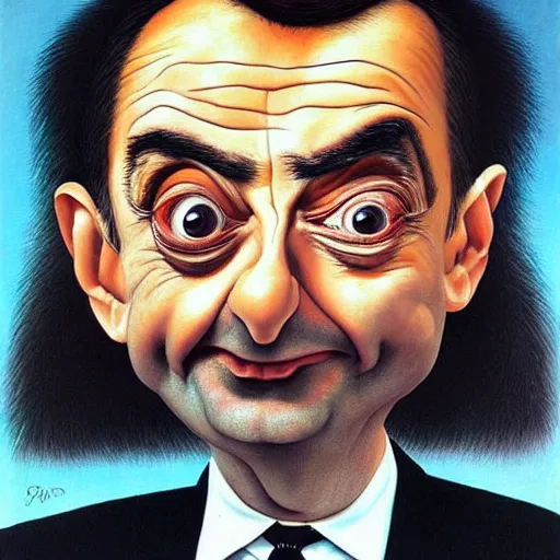 Image similar to a surreal oil painting portrait of mr bean by salvador dali, caricature