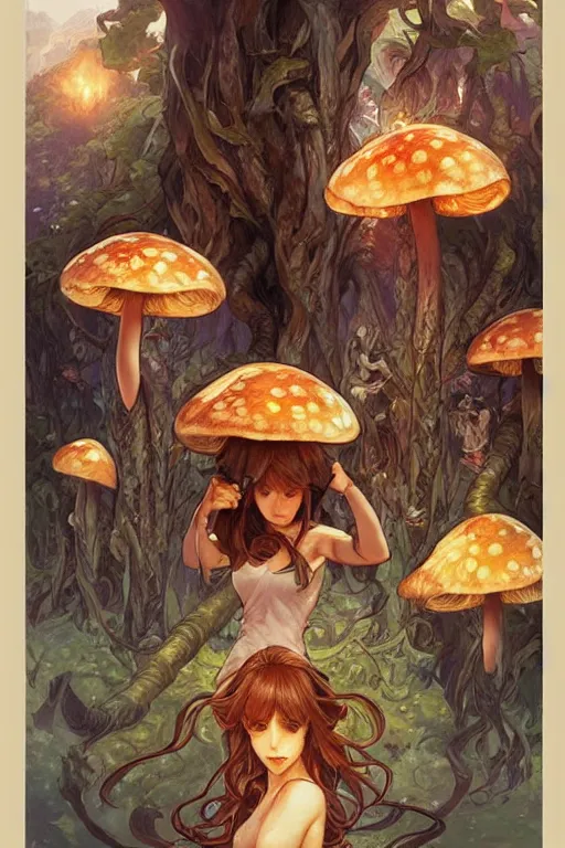 Prompt: mushrooms with faces, manga cover style, D&D, fantasy, highly detailed, digital painting, artstation, concept art, sharp focus, illustration, art by artgerm and greg rutkowski and alphonse mucha