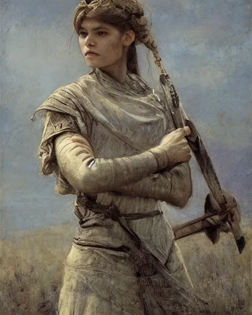 Image similar to a beautiful and strong female warrior by Boris Valejo and Laura Sava and Jules Bastien-Lepage