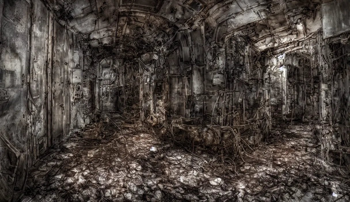 Prompt: disfigured necromorph being crawling in the spacecraft hallway, rusty and dirty interiors, highly realistic and intricate, ominous, dark surroundings