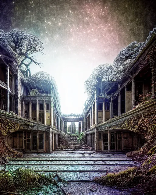 Image similar to a beautiful hyperdetailed rendering of pathway urbex city unfinished building building abandoned nature by louis sullivan, galactic hyperrealism myst at night reclaimed by nature magic realism darkacademia tokyo thermal imaging infrared sea, archdaily, wallpaper, highly detailed, trending on artstation.