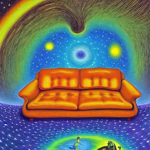 Image similar to psychedelic trippy couch in forest, planets, milky way, sofa, cartoon by rob gonsalves