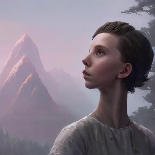 Image similar to a highly detailed epic cinematic concept art CG render digital painting artwork: Millie Bobby Brown. By Greg Rutkowski, Ilya Kuvshinov, WLOP, Stanley Artgerm Lau, Ruan Jia and Fenghua Zhong, trending on ArtStation, subtle muted cinematic colors, made in Maya, Blender and Photoshop, octane render, excellent composition, cinematic atmosphere, dynamic dramatic cinematic lighting, precise correct anatomy, aesthetic, very inspirational, arthouse