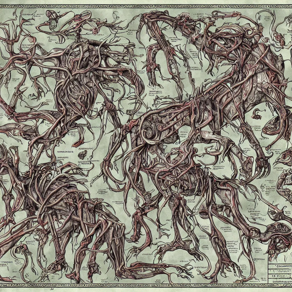 Image similar to creature informative map, chtulhu anatomy, flesh, bones and organs visible, highly detailed, d & d style