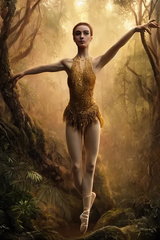 Prompt: stunningly beautiful, turkish prima ballerina in jungle, symmetrical face, golden hour, smooth, focus, highly detailed, hyper realistic, dramatic lighting, elegant, intricate, concept art, art by wlop, mars ravelo, greg rutowski